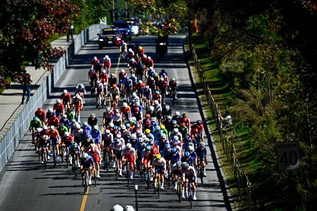 The pack of riders pictured in action during the Men U23 Road Race race (174,2km) at the cycling World Championship, WM, Weltmeisterschaft in Montreal, Canada, Friday 25 September 2026. The UCI road world championships are taking place from 20 to 27 September, in Montreal, Canada. JASPERxJACOBS  x187798162x
