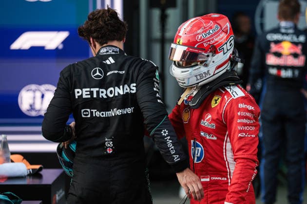 F1 - AZERBAIJAIN GRAND PRIX 2026 RUSSELL George (gbr), Mercedes AMG F1 Team W17, portrait and LECLERC Charles (mco), Scuderia Ferrari SF-26, portrait during the 2026 Formula 1 Azerbaijan Grand Prix, 15th round of the 2026 Formula One World Championship, WM, Weltmeisterschaft from September 24 to 26, 2026 on the Baku City Circuit, in Baku, Azerbaijan - BakuAzerbaijan  Copyright: xEricxAlonsox