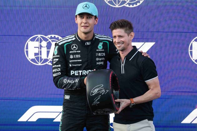 F1 - AZERBAIJAIN GRAND PRIX 2026 RUSSELL George (gbr), Mercedes AMG F1 Team W17, portrait and Casey Stoner The Pirelli Pole Position Award will be presented today in Baku by Casey Stoner, two-time MotoGP World Champion. during the 2026 Formula 1 Azerbaijan Grand Prix, 15th round of the 2026 Formula One World Championship, WM, Weltmeisterschaft from September 24 to 26, 2026 on the Baku City Circuit, in Baku, Azerbaijan - BakuAzerbaijan  Copyright: xEricxAlonsox