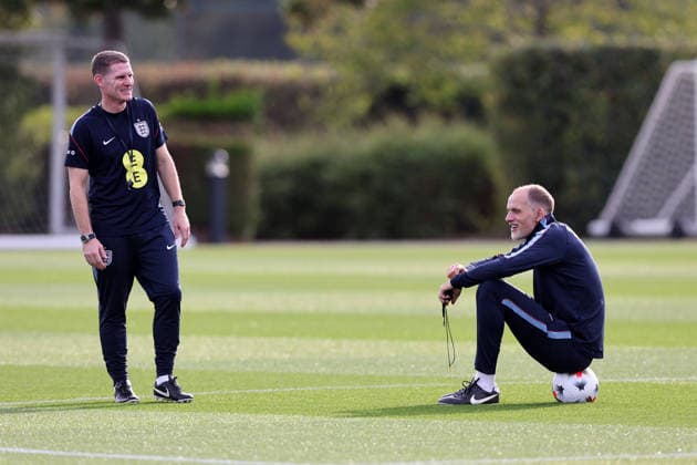 Thomas Tuchel manager of England with Anthony Barry during training at Tottenham Hotspur Training Ground, Enfield. Picture date: 25th September 2026. Picture credit should read: David Klein Sportimage EDITORIAL USE ONLY. No use with unauthorised audio, video, data, fixture lists, club league logos or live services. Online in-match use limited to 120 images, no video emulation. No use in betting, games or single club league player publications. SPI_08_DK_England_Training SPI-5046-0008