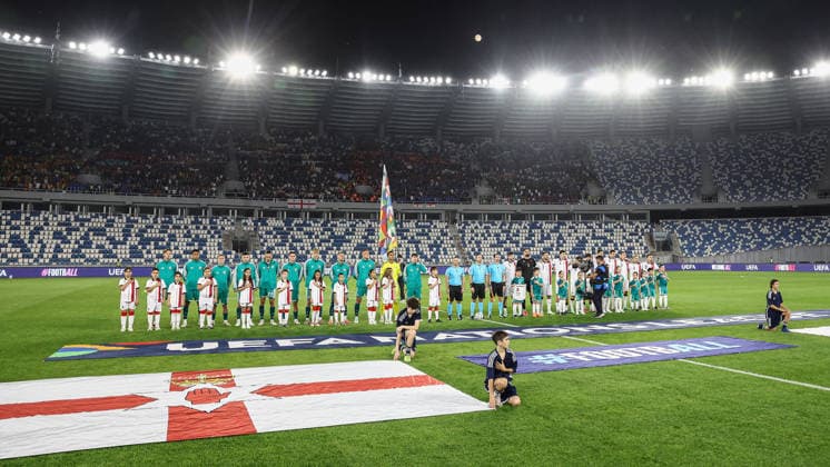 UEFA Nations League Group Stage, Boris Paitchadze Dinamo Arena, Tbilisi, Georgia 25 9 2026 Georgia vs Northern Ireland A view of both teams during the anthems ahead of the match A view of both teams during the anthems ahead of the match 25 9 2026  Copyright: xx Georgia v N Ireland_047