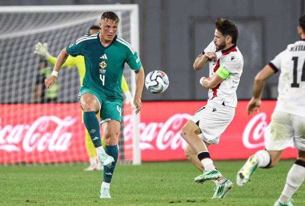 UEFA Nations League Group Stage, Boris Paitchadze Dinamo Arena, Tbilisi, Georgia 25 9 2026 Georgia vs Northern Ireland Northern Ireland™s Dan Ballard with Georgia s Khvicha Kvaratskhelia Dan Ballard with Khvicha Kvaratskhelia 25 9 2026  Copyright: xx Georgia v N Ireland_060