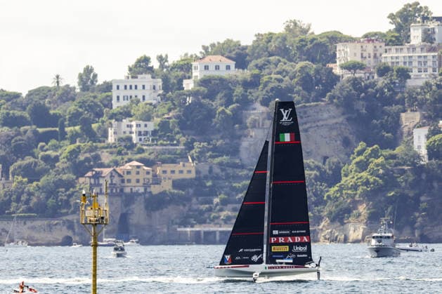 OTHER - Sailing - The Louis Vuitton 38th America s Cup Preliminary Regatta in Naples Photo by IPA ABACAPRESS.COM88961808 - Team Luna Rossa during the teams parade before the race on the first day of the preliminary regatta for the 38th Louis Vuitton America s Cup in the Gulf of Naples, Campania, Italy, on September 25, 2026. The Naples preliminary regatta gives the competing teams their first opportunity to test their AC40 one-design yachts ahead of the 38th America’s Cup, which will be held in Naples in 2027. Napoli Italy  Copyright: xIPAxSport ABACAx