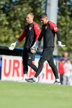 Marius Funk (VfB Stuttgart), 33, and Fabian Bredlow (VfB Stuttgart), 1, warming up in Germany, VfB Stuttgart vs. 1 FC Heidenheim 1846, soccer, friendly match, 2026–2027 season, September 25, 2026, GER, VfB Stuttgart vs. 1 FC Heidenheim 1846, soccer, friendly match, 2026–2027 season, September 25, 2026, Beutelsbach Copyright: xEibner-Pressefoto SoerenxHerwegx EP_SHG
