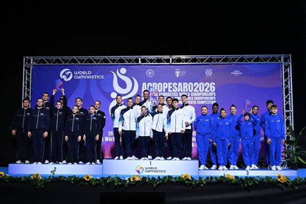 IPA88963897 - WChSeniorAcro photographed at the Vitifrigo Arena in Pesaro on September 25, 2026, by FTomasi during the 30th Acrobatic Gymnastics World Championships, Gymnastics in Pesaro, Italy, September 25, 2026  Copyright: xFilippoxTomasi IPAxSportx xx IPA88963897