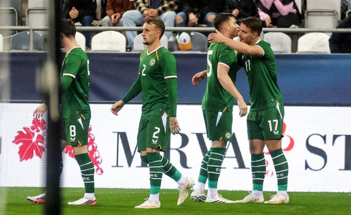 2027 UEFA Under 21 European Qualifier, Kosicka Futbalova Arena, Kosice, Slovakia 25 9 2026 Slovakia vs Republic of Ireland Ireland™s Thomas Lonergan celebrates scoring his side™s first goal with teammates Thomas Lonergan celebrates scoring his side™s first goal with teammates 25 9 2026  Copyright: xAleksandarxDjorovicx AS4A3062