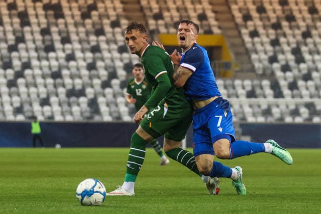 2027 UEFA Under 21 European Qualifier, Kosicka Futbalova Arena, Kosice, Slovakia 25 9 2026 Slovakia vs Republic of Ireland Ireland™s Sam Curtis with Matej Riznic of Slovakia Sam Curtis with Matej Riznic 25 9 2026  Copyright: xAleksandarxDjorovicx AS4A3107