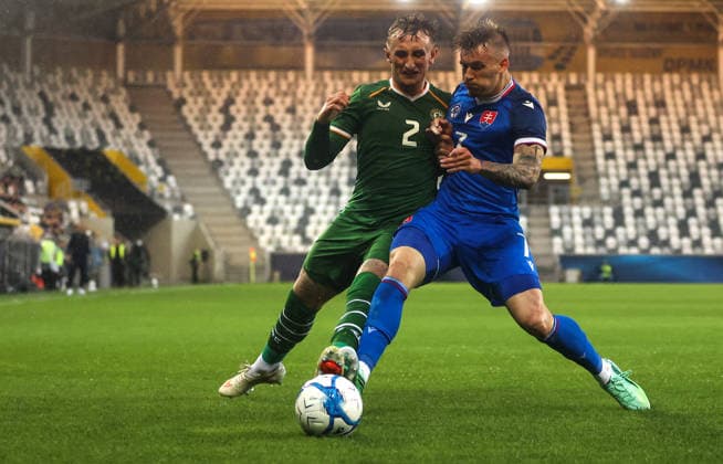 2027 UEFA Under 21 European Qualifier, Kosicka Futbalova Arena, Kosice, Slovakia 25 9 2026 Slovakia vs Republic of Ireland Ireland™s Sam Curtis with Matej Riznic of Slovakia Sam Curtis with Matej Riznic 25 9 2026  Copyright: xAleksandarxDjorovicx AS4A3122