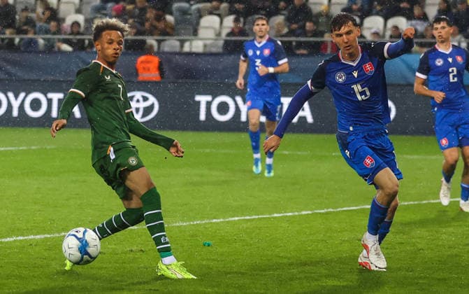 2027 UEFA Under 21 European Qualifier, Kosicka Futbalova Arena, Kosice, Slovakia 25 9 2026 Slovakia vs Republic of Ireland Ireland™s Trent Kone-Doherty with Marek Okal of Slovakia Trent Kone-Doherty with Marek Okal 25 9 2026  Copyright: xAleksandarxDjorovicx AS4A3180