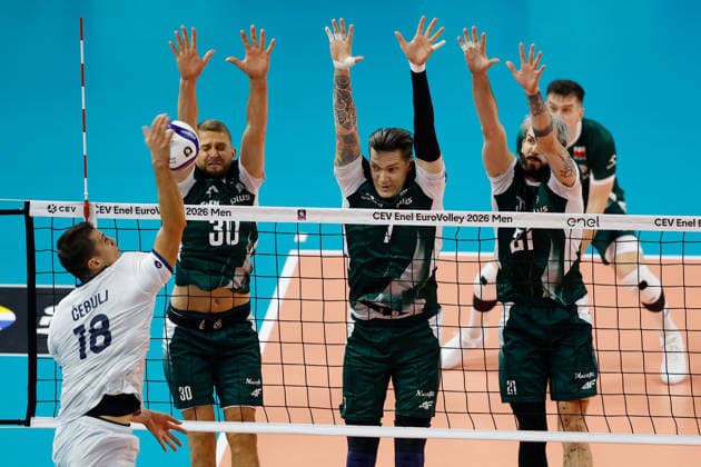 IPA88964799 - Klemen Cebulj 18 of Team Slovenia in action during the CEV Enel EuroVolley 2026 semifinal match between Slovenia and Poland at the Unipol Forum on September 25, 2026, in Milan, Italy.  Copyright: xRichardxMorgano IPAxSportx xx IPA88964799