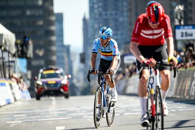 Belgian Viktor Soenens crosses the finish line at the Men U23 Road Race race (174,2km) at the cycling World Championship, WM, Weltmeisterschaft in Montreal, Canada, Friday 25 September 2026. The UCI road world championships are taking place from 20 to 27 September, in Montreal, Canada. JASPERxJACOBS  x187808230x