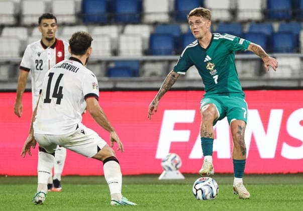 UEFA Nations League Group Stage, Boris Paitchadze Dinamo Arena, Tbilisi, Georgia 25 9 2026 Georgia vs Northern Ireland Northern Ireland™s Ethan Galbraith and Georgia s Anzor Mekvabishvili Ethan Galbraith and Anzor Mekvabishvili 25 9 2026  Copyright: xx Georgia v N Ireland_063