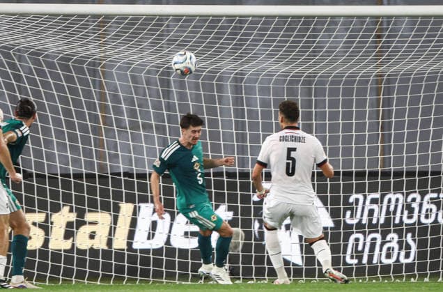 UEFA Nations League Group Stage, Boris Paitchadze Dinamo Arena, Tbilisi, Georgia 25 9 2026 Georgia vs Northern Ireland Northern Ireland™s Trai Hume heads the ball off the goal line Trai Hume heads the ball off the goal line 25 9 2026  Copyright: xx Georgia v N Ireland_074