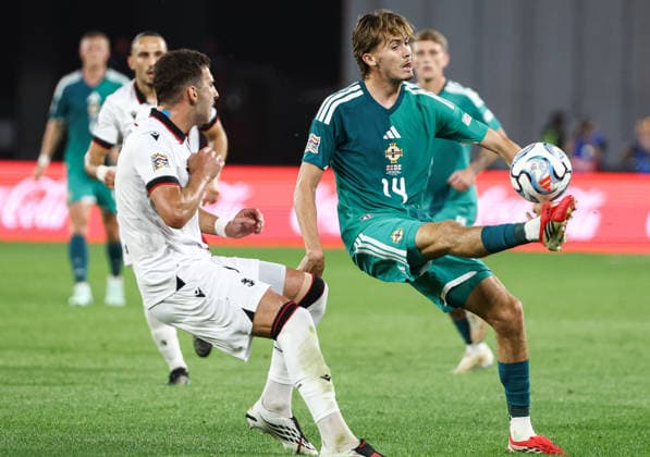 UEFA Nations League Group Stage, Boris Paitchadze Dinamo Arena, Tbilisi, Georgia 25 9 2026 Georgia vs Northern Ireland Northern Ireland™s Isaac Price with Georgia s Otar Kakabadze Isaac Price with Otar Kakabadze 25 9 2026  Copyright: xx Georgia v N Ireland_087