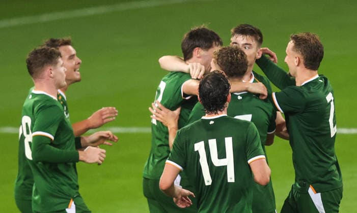 2027 UEFA Under 21 European Qualifier, Kosicka Futbalova Arena, Kosice, Slovakia 25 9 2026 Slovakia vs Republic of Ireland Ireland™s Sean Grehan celebrates scoring their second goal from a header with teammates Sean Grehan celebrates scoring their second goal from a header with teammates 25 9 2026  Copyright: xAleksandarxDjorovicx AS4A3299