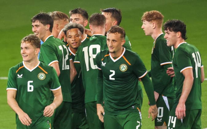2027 UEFA Under 21 European Qualifier, Kosicka Futbalova Arena, Kosice, Slovakia 25 9 2026 Slovakia vs Republic of Ireland Ireland™s Sean Grehan celebrates scoring their second goal from a header with teammates Sean Grehan celebrates scoring their second goal from a header with teammates 25 9 2026  Copyright: xAleksandarxDjorovicx AS4A3332