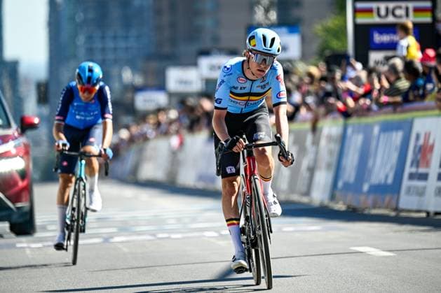 Belgian Niels Driesen crosses the finish line at the Men U23 Road Race race (174,2km) at the cycling World Championship, WM, Weltmeisterschaft in Montreal, Canada, Friday 25 September 2026. The UCI road world championships are taking place from 20 to 27 September, in Montreal, Canada. JASPERxJACOBS  x187810412x