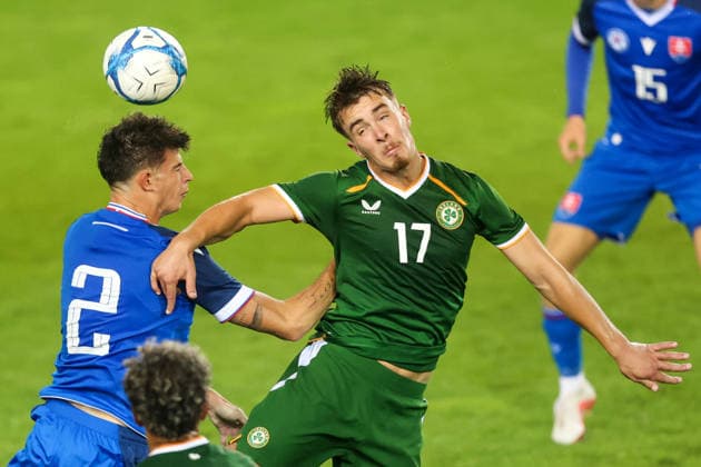 2027 UEFA Under 21 European Qualifier, Kosicka Futbalova Arena, Kosice, Slovakia 25 9 2026 Slovakia vs Republic of Ireland Ireland™s Thomas Lonergan with Tobias Paliscak of Slovakia Thomas Lonergan with Tobias Paliscak 25 9 2026  Copyright: xAleksandarxDjorovicx AS4A3435
