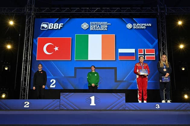2026 European Boxing Championships in Bulgaria SOFIA, BULGARIA - SEPTEMBER 25: Gold medalist Aoife O Rourke of Ireland, silver medalist Busra Isildar of Turkiye, and bronze medalists Saltanat Medenova of Russia and Sunniva Hofstad of Norway stand on the podium during the Elite Women s 75kg award ceremony at the 2026 European Boxing Elite Championships at the Asics Arena Sports Hall in Sofia, Bulgaria, on September 25, 2026. Artur Widak Anadolu Sofia Bulgaria. Editorial use only. Please get in touch for any other usage.  Copyright: x2026xAnadoluxArturxWidakx