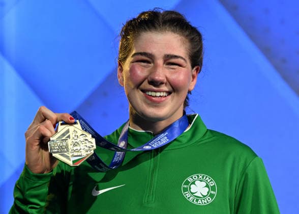 2026 European Boxing Championships in Bulgaria SOFIA, BULGARIA - SEPTEMBER 25: Gold medalist Aoife O Rourke of Ireland smiling and displaying her first-place gold medal during the Elite Women s 75kg award ceremony at the 2026 European Boxing Elite Championships at the Asics Arena Sports Hall in Sofia, Bulgaria, on September 25, 2026. Artur Widak Anadolu Sofia Bulgaria. Editorial use only. Please get in touch for any other usage.  Copyright: x2026xAnadoluxArturxWidakx