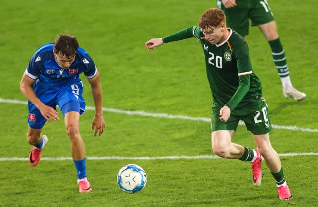 2027 UEFA Under 21 European Qualifier, Kosicka Futbalova Arena, Kosice, Slovakia 25 9 2026 Slovakia vs Republic of Ireland Ireland™s Adam Brennan with Alexej Maros of Slovakia Adam Brennan with Alexej Maros 25 9 2026  Copyright: xAleksandarxDjorovicx AS4A3558