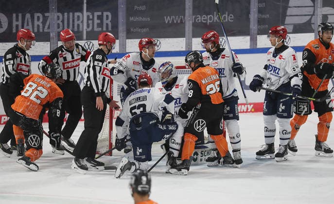Turmoil in Front of the Net by Joacim Eriksson Schwenninger Wild Wings Ice Hockey, DEL, Penny DEL, Men, 2026–2027 Season: Grizzlys Wolfsburg vs. Schwenninger Wild Wings