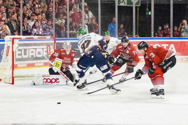 Ice Hockey: Penny DEL, Matchday 3—Cologne Sharks vs. Berlin Ice Bears on September 25, 2026, at the Lanxess Arena in Cologne; from left to right: Janne Juvonen (Cologne), Markus Vikingstad (Berlin), Daniel Fischbuch (Cologne), Valtteri Kemiläinen (Cologne). In accordance with the guidelines of the DEL (German Ice Hockey League), the publication and further use of these images in electronic media and on devices of any kind during the game is not permitted. xDMx