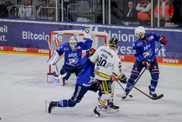 September 25, 2026, xhettx, Penny DEL ice hockey, Adler Mannheim vs. Krefeld Pinguine, from the left: Maximilian Franzreb s goal for Adler Mannheim, 56