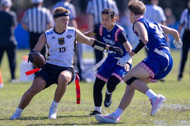 German player 13 runs with the ball, U15 Mixed Germany vs Slovakia IFAF European Youth Championships 2026, 24.09.2026 Lido Delle Nazioni Lido Delle Nazioni Italia Copyright: xPFA BjörnxKeckerx