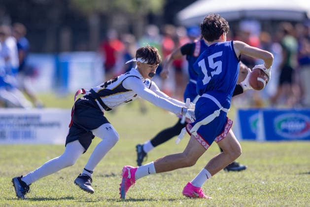 15 Slovakia Player runs with the ball and is tackled by german player, U15 Mixed Germany vs Slovakia IFAF European Youth Championships 2026, 24.09.2026 Lido Delle Nazioni Lido Delle Nazioni Italia Copyright: xPFA BjörnxKeckerx