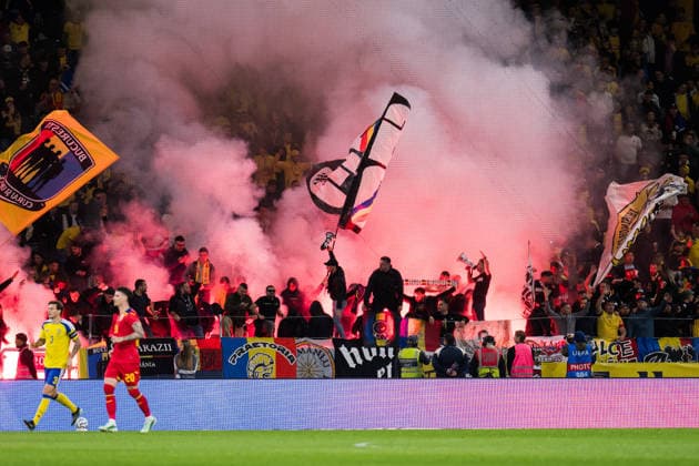 September 25, 2026: Romanian fans set off flares during the Nations League soccer match between Sweden and Romania on September 25, 2026 in Stockholm. Photo by Emma Wallskog, BILDBYRAN, code EW JM0854 bbeng soccer football fotball Nations League UEFA Nations League Sweden Sweden A Romania Romania audience pyro pyrotechnics  Copyright: EMMAxWALLSKOG BB260925EW019