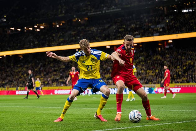 September 25, 2026: Alexander Bernhardsson of Sweden and Nicu?or Bancu of Romania during the Nations League soccer match between Sweden and Romania on September 25, 2026 in Stockholm. Photo by Emma Wallskog. BILDBYRAN code EW JM0854 bbeng soccer football fotball Nations League UEFA Nations League Sweden Sweden A Romania  Copyright: EMMAxWALLSKOG BB260925EW021