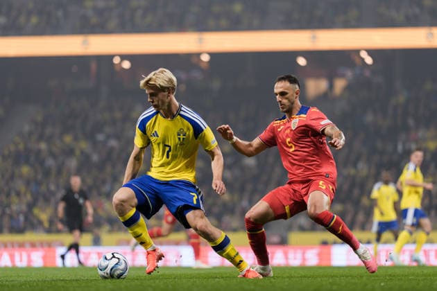 September 25, 2026: Lucas Bergvall of Sweden and Virgil Ghi?a of Romania during the Nations League soccer match between Sweden and Romania on September 25, 2026 in Stockholm. Photo by Joel Marklund, BILDBYRAN. Code: JM JM0854 bbeng soccer football fotball Nations League UEFA Nations League Sweden Sweden A Romania  Copyright: JOELxMARKLUND BB260925JM015