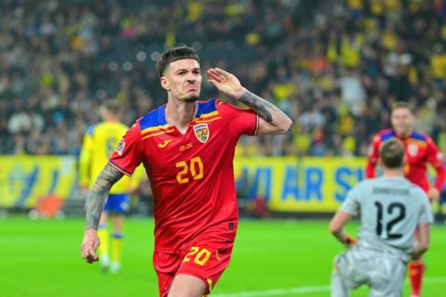 Strawberry Arena SOLNA, SWEDEN - SEPTEMBER 25: Dennis Man of Romania celebrates goal in the EUFA Nations League match between Sweden and Romania at Strawberry Arena on September 25, 2026 in Solna, Sweden. (Peter Sonander SPP) Copyright: xx spp-en-PeSo-20260925_SPP_PeterSonander_9600