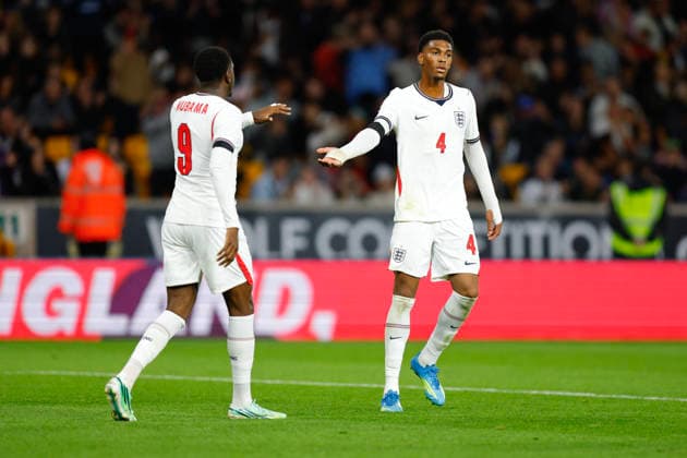 Wolverhampton, England, 25th September 2026. Josh Acheampong of England U21, U 21 celebrates after scoring a goal to make it 2-1 during the England U21 vs Kazakhstan U21 UEFA European Under-21 Championship Qualifier match at Molineux, Wolverhampton. Picture credit should read: James Baylis Sportimage EDITORIAL USE ONLY. No use with unauthorised audio, video, data, fixture lists, club league logos or live services. Online in-match use limited to 120 images, no video emulation. No use in betting, games or single club league player publications. 011_SPI_JB_U21_ENGLAND_KAZAKHSTAN SPI-5018-0011