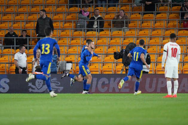 RECORD DATE NOT STATED 25th September 2026; Molineux Stadium, Wolverhampton, West Midlands, England; UEFA U21, U 21 Championship Qualification Football, England U21 versus Kazakhstan U21; Artem Litosh of Kazakhstan U21s celebrates scoring a goal to make it 0-1 StevenxFlynn