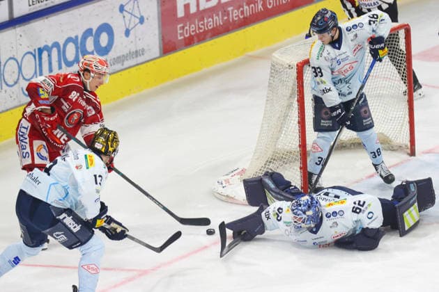 Sahnpark Crimmitschau, September 25, 2026; 2026–27 Season; Ice Hockey; 2nd Bundesliga; Regular Season; Game 3; Saxony Artificial Ice Arena; Eispiraten; Eispiraten vs. Dresdner Eislöwen; Leon Neiger (red card); EPC with a great chance; Adam Helewka 13 (golden)helmet from Dresden and goalie Janick Schwendener prevent the goal Crimmitschau Saxony Germany