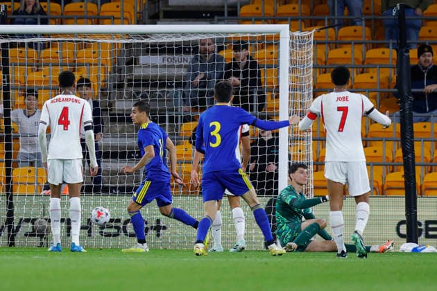 Wolverhampton, England, 25th September 2026. Saif Popov of Kazakhstan U21, U 21 scores a goal to make it 2-2 during the England U21 vs Kazakhstan U21 UEFA European Under-21 Championship Qualifier match at Molineux, Wolverhampton. Picture credit should read: James Baylis Sportimage EDITORIAL USE ONLY. No use with unauthorised audio, video, data, fixture lists, club league logos or live services. Online in-match use limited to 120 images, no video emulation. No use in betting, games or single club league player publications. 013_SPI_JB_U21_ENGLAND_KAZAKHSTAN SPI-5018-0013
