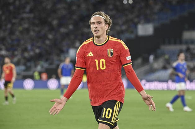 Italy v Belgium - UEFA Nations League ?????? ROME, ITALY - SEPTEMBER 25: Mika Godts, of Belgium, celebrates after scoring during the UEFA Nations League Group A1 League phase football match between Italy and Belgium at the Olympic stadium in Rome, Italy, on September 25, 2026. Isabella Bonotto Anadolu Rome Italy. Editorial use only. Please get in touch for any other usage.  Copyright: x2026xAnadoluxIsabellaxBonottox