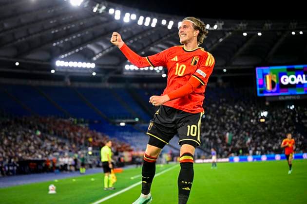 Italy v Belgium - UEFA Nations League 2026 ROME, ITALY - SEPTEMBER 25 : Godts Mika forward of Belgium celebrates after scoring during the UEFA Nations League tournament league phase matchday 1 group A1 match between Italy and Belgium on September 25, 2026 in Rome, Italy, 25 09 2026 Rome Italy  Copyright: xJanxDexMeuleneirx