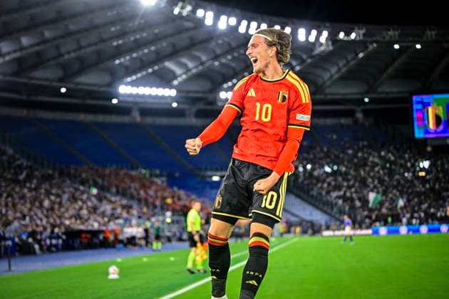 Italy v Belgium - UEFA Nations League 2026 ROME, ITALY - SEPTEMBER 25 : Godts Mika forward of Belgium celebrates after scoring during the UEFA Nations League tournament league phase matchday 1 group A1 match between Italy and Belgium on September 25, 2026 in Rome, Italy, 25 09 2026 Rome Italy  Copyright: xJanxDexMeuleneirx