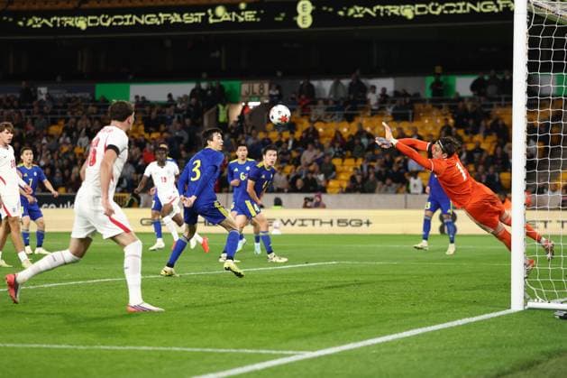 Tyrique George of England U21, U 21 shot is saved by Miras Rikhard of Kazakhstan U21 England U21 v Kazakhstan U21, UEFA European U21 Championship Qualifying, Football, Molineux Stadium, Wolverhampton, UK - 25 Sep 2026Wolverhampton Molineux Stadium United Kingdom  Copyright: xRyanxBrowne Shutterstockx 17169476ch