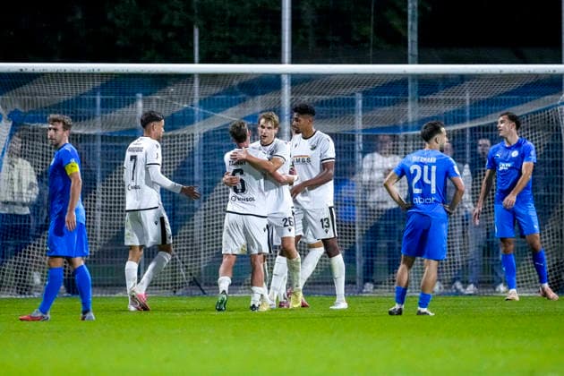 From left: David Mamutovic (SVS), 7, Niklas Tarnat (SVS), 6, Max Christiansen (SVS), 26, Yannick Osee (SVS), 13, players from SV Sandhausen (SVS), Celebrations after the final whistle, joy over the victory, winners, celebrating, cheerful, positive, happy, optimistic, highlight, action, September 25, 2026, Walldorf, Germany, soccer, Regionalliga Südwest, FC Astoria Walldorf vs. SV Sandhausen xozx