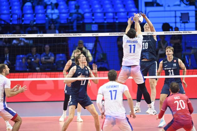 foto IPP Di Mauro Andrea Assago(milano) 25 09 2026 CEV euro volley europei di pallavolo maschile semifinale Francia vs Finlandia nella foto : Marttila luka e Brizard antoine italy ITALY  Copyright: xR4924_italyphotopressx