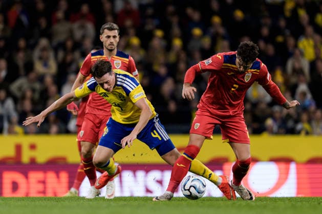 September 25, 2026: Elliot Stroud of Sweden and Andrei RaÈ›iu of Romania during the Nations League soccer match between Sweden and Romania on September 25, 2026 in Stockholm. Photo by Joel Marklund, BILDBYRAN. Code: JM JM0854 bbeng soccer football fotball Nations League UEFA Nations League Sweden Sweden A Romania Romania  Copyright: JOELxMARKLUND BB260925JM057