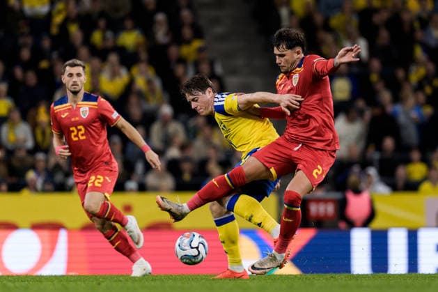 September 25, 2026: Elliot Stroud of Sweden and Andrei RaÈ›iu of Romania during the Nations League soccer match between Sweden and Romania on September 25, 2026 in Stockholm. Photo by Joel Marklund, BILDBYRAN. Code: JM JM0854 bbeng soccer football fotball Nations League UEFA Nations League Sweden Sweden A Romania Romania  Copyright: JOELxMARKLUND BB260925JM058