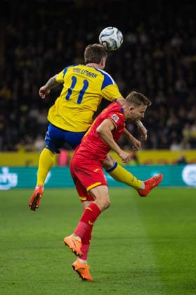September 25, 2026: Patrik Walemark of Sweden and NicuÈ™or Bancu of Romania during the Nations League soccer match between Sweden and Romania on September 25, 2026 in Stockholm. Photo by Kenta Jönsson, BILDBYRAN COP 210 JM0854 bbeng soccer football fotball Nations League UEFA Nations League Sweden Sweden A Romania Romania  Copyright: KENTAxJÖNSSON BB260925KJ056