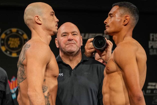 Zuffa Boxing 11 Fisher vs Pirotton Ceremonial Weigh-In LONDON, ENGLAND - SEPTEMBER 25: (L-R) Cesar Mateo Tapia and Leo Ruiz face off during the Ceremonial Weigh-In at Zuffa Boxing 11 Fisher vs Pirotton at Copper Box Arena on September 25th, 2026 in London, England (Photo by Torbjorn Tande PXImages) London Copper Box Arena England Copyright: xTorbjornxTandex