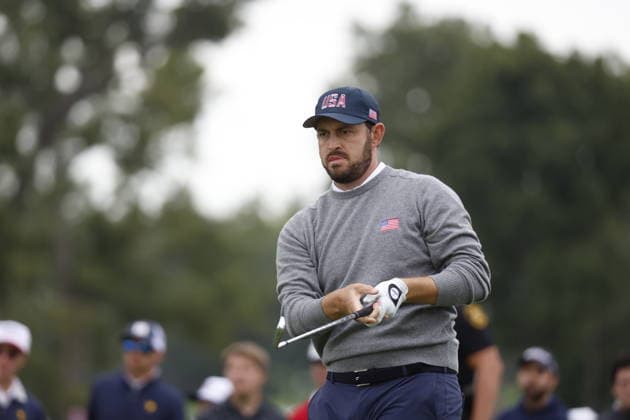MEDINAH, IL - SEPTEMBER 25: Patrick Cantlay of the United States sticks his tongue out as he watches his tee shot on No. 7 during the Friday Foursomes session of the Presidents Cup, September 25, 2026, at Medinah Country Club in Medinah, Illinois. (Photo by Matthew Maxey Icon Sportswire) GOLF: SEP 25 Presidents Cup EDITORIAL USE ONLY Icon260925043