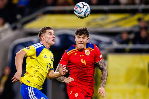 September 25, 2026: Viktor Gyökeres of Sweden and Andrei Coubis of Romania during the Nations League soccer match between Sweden and Romania on September 25, 2026 in Stockholm. Photo by Kenta Jönsson, BILDBYRAN COP 210 JM0854 bbeng soccer football fotball Nations League UEFA Nations League Sweden Sweden A Romania Romania  Copyright: KENTAxJÖNSSON BB260925KJ097